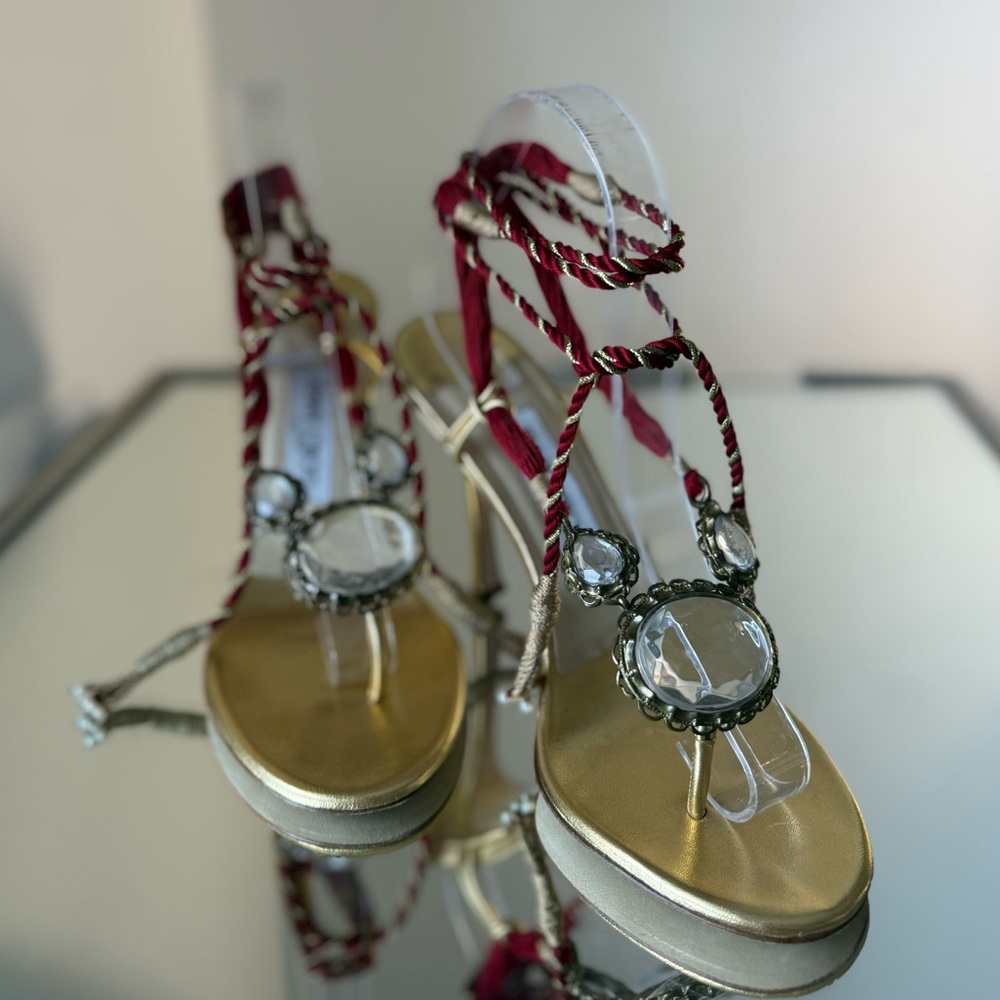 New Vintage Jimmy Choo Gold Jewel Thong Sandals with Burgundy Rope Tie 37 - Picture 2 of 12